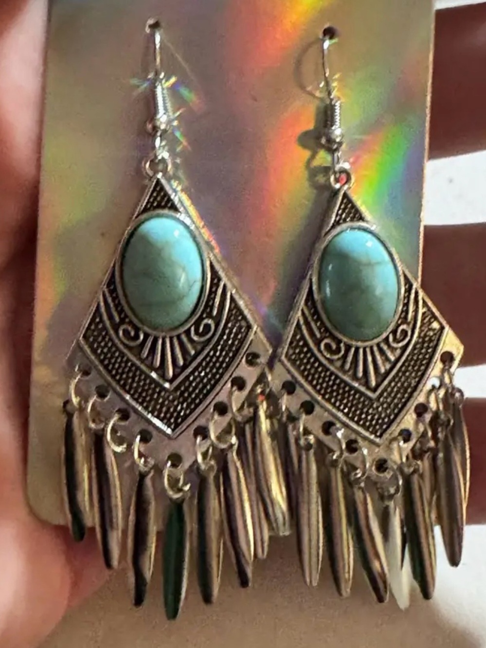 Bohemian Silver-Tone Fringe Earrings with Turquoise Stone
